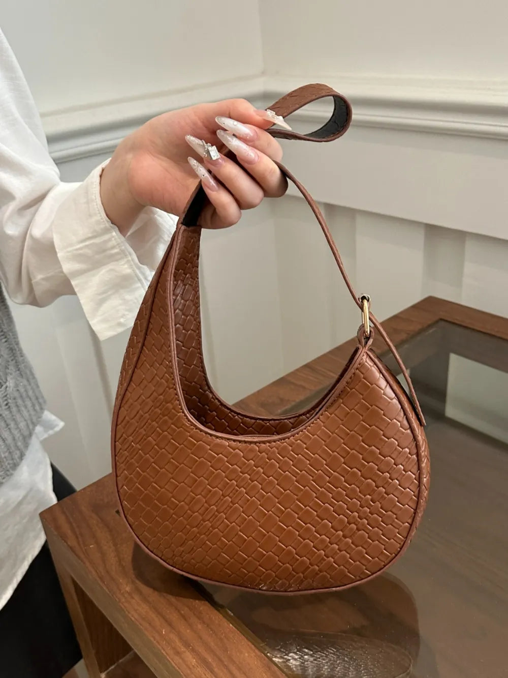 Leather Textured Crescent Shoulder Bag