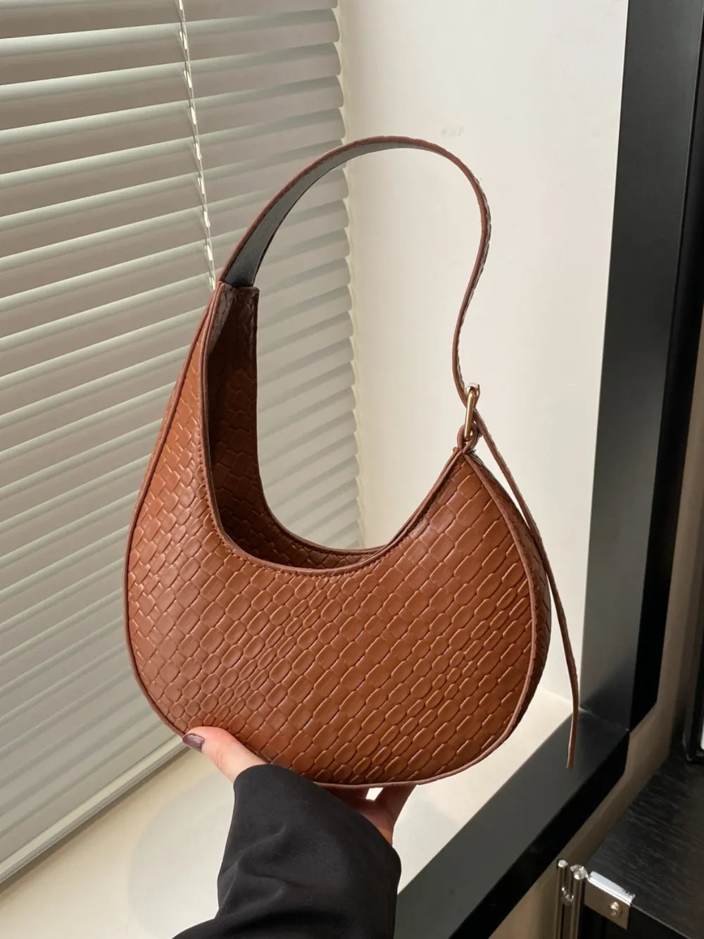 Leather Textured Crescent Shoulder Bag