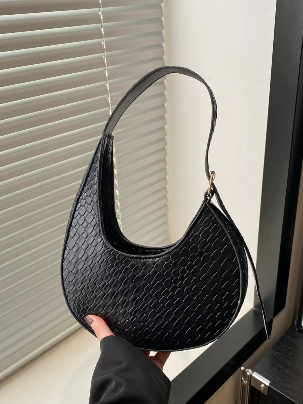 Leather Textured Crescent Shoulder Bag