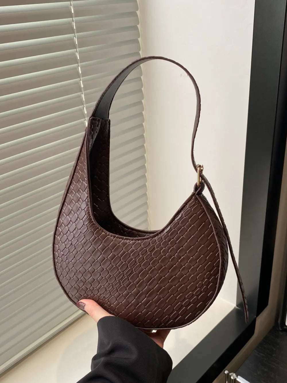 Leather Textured Crescent Shoulder Bag