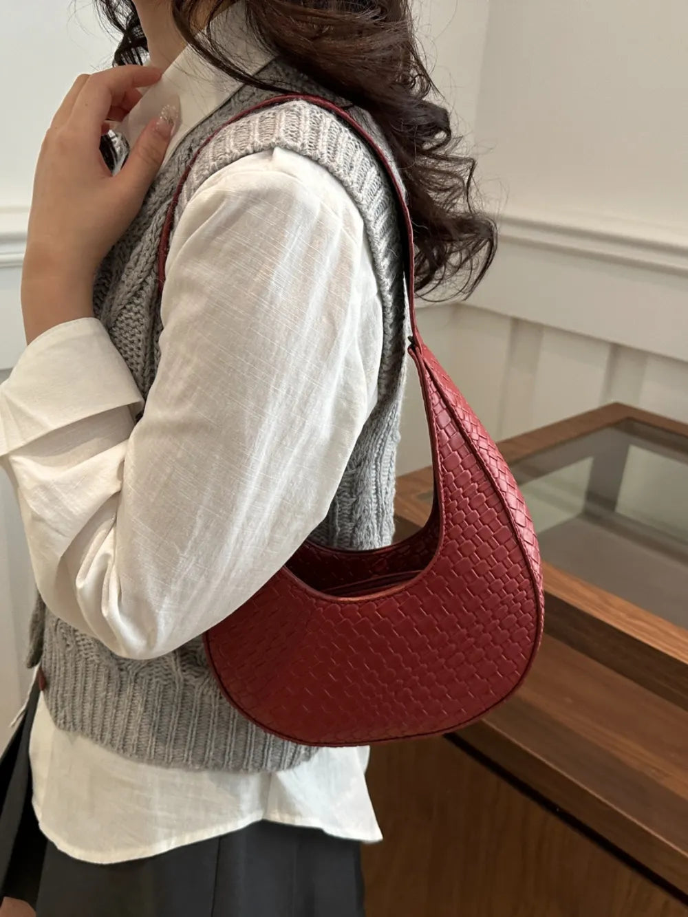 Leather Textured Crescent Shoulder Bag