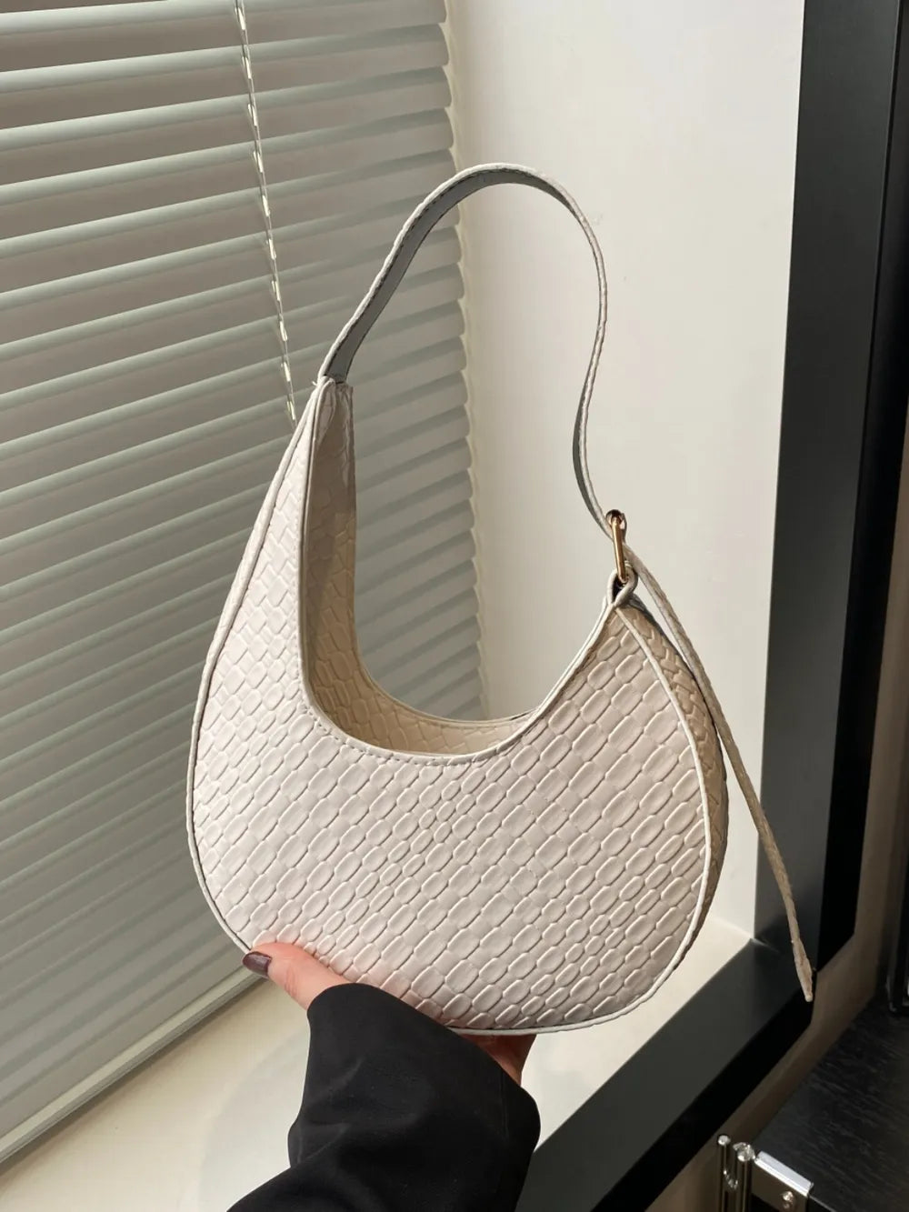 Leather Textured Crescent Shoulder Bag